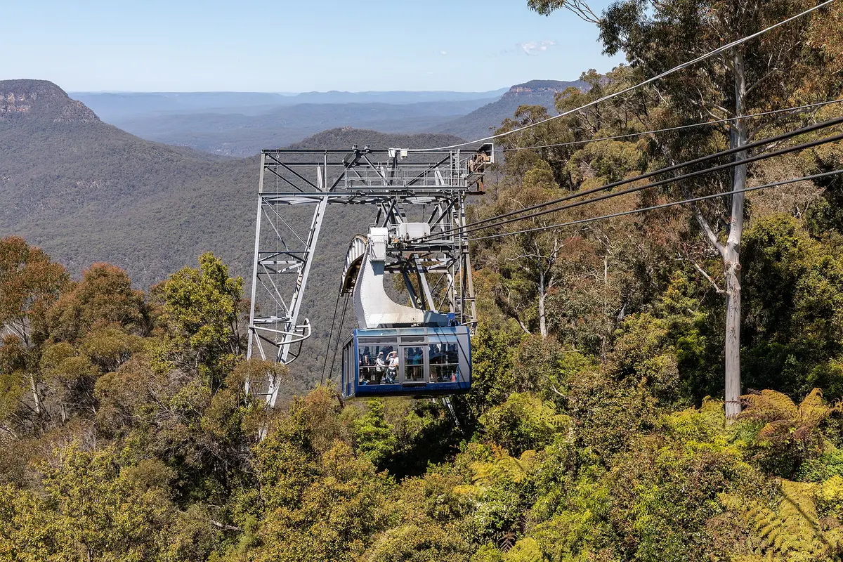 A Scenic Cableway cabin hanging from its cables beside a steel tower above forested valleys